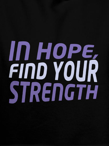 Close up of 'In Hope, Find Your Strength' design on Women's Black Hoodie Sweatshirt, highlighting intricate details and vibrant print.