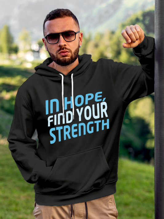 Fighterhero Hoodie Collection: Model wearing Men's Charcoal Grey Hoodie Sweatshirt with 'In Hope, Find Your Strength' design