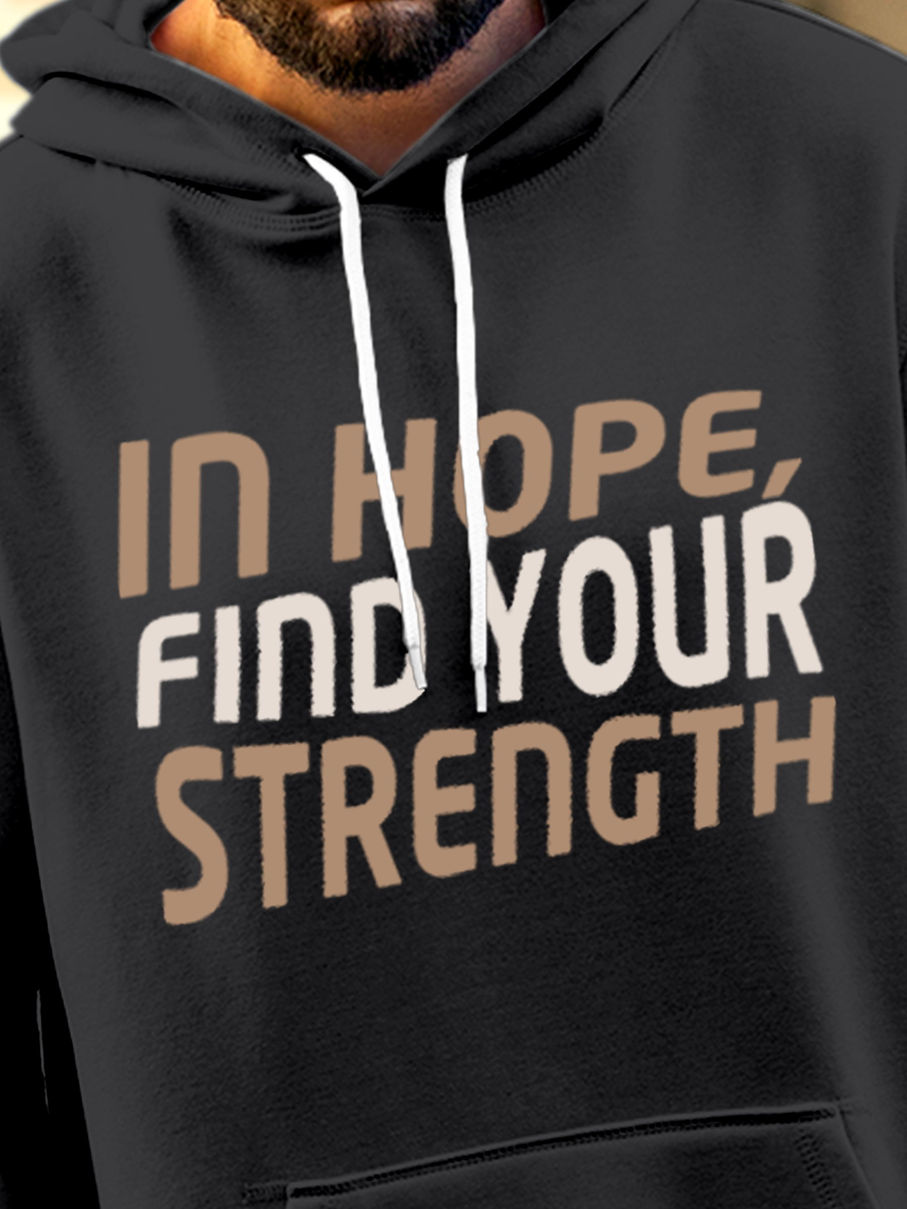 Close up of 'In Hope, Find Your Strength' design on Men's Charcoal Grey Hoodie Sweatshirt, highlighting intricate details and vibrant print.