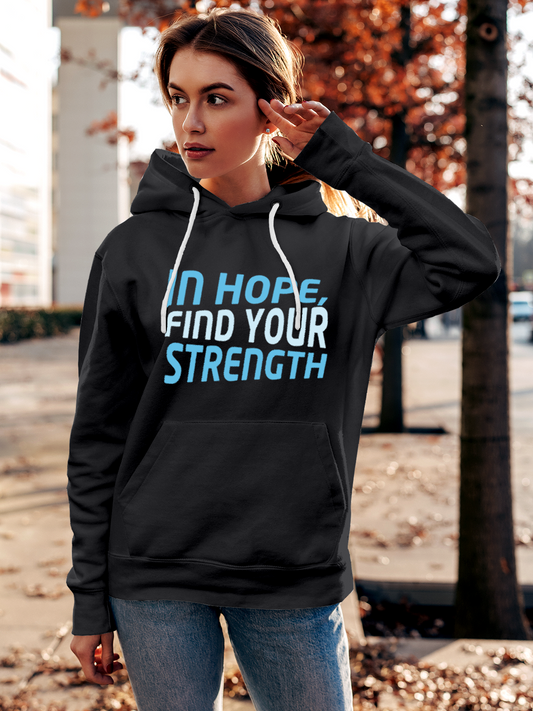 Fighterhero Hoodie Collection: Model wearing Women's Charcoal Grey Hoodie Sweatshirt with 'In Hope, Find Your Strength' design