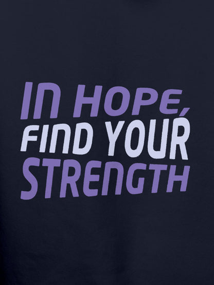 Close up of 'In Hope, Find Your Strength' design on Men's Navy Blue Hoodie Sweatshirt, highlighting intricate details and vibrant print.