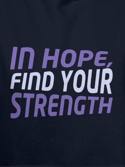 Close up of 'In Hope, Find Your Strength' design on Women's Navy Blue Hoodie Sweatshirt, highlighting intricate details and vibrant print.