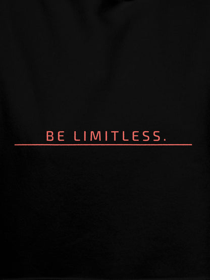 Close up of 'Be Limitless' design on Men's Black Hoodie Sweatshirt, highlighting intricate details and vibrant print.