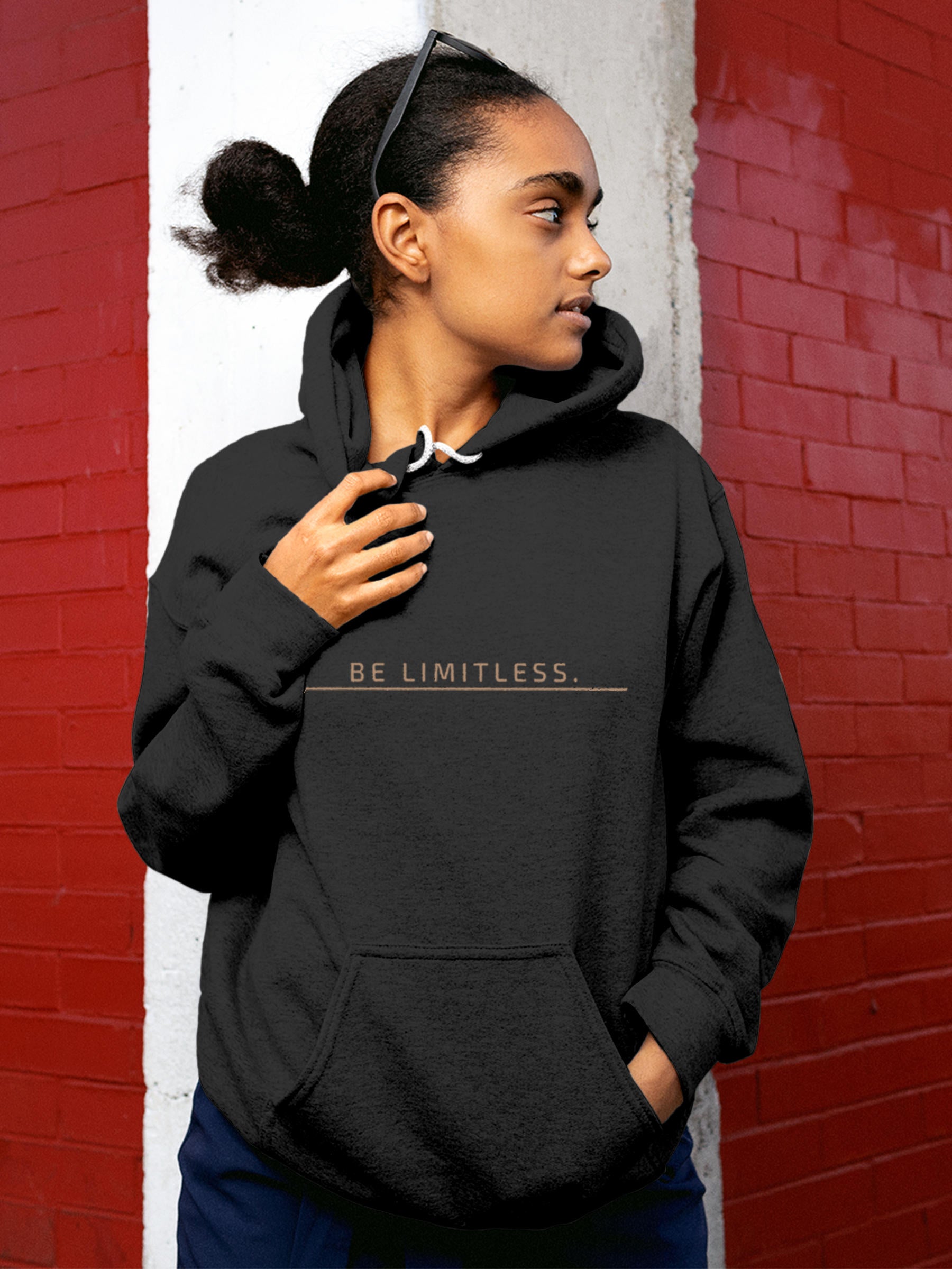 Model wearing Women's Dark Grey Hoodie Sweatshirt with 'Be Limitless' design, offering effortless style and premium comfort