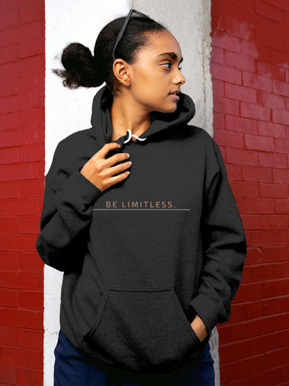 Model wearing Women's Dark Grey Hoodie Sweatshirt with 'Be Limitless' design, offering effortless style and premium comfort