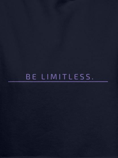 Close up of 'Be Limitless' design on Men's Navy Blue Hoodie Sweatshirt, highlighting intricate details and vibrant print.