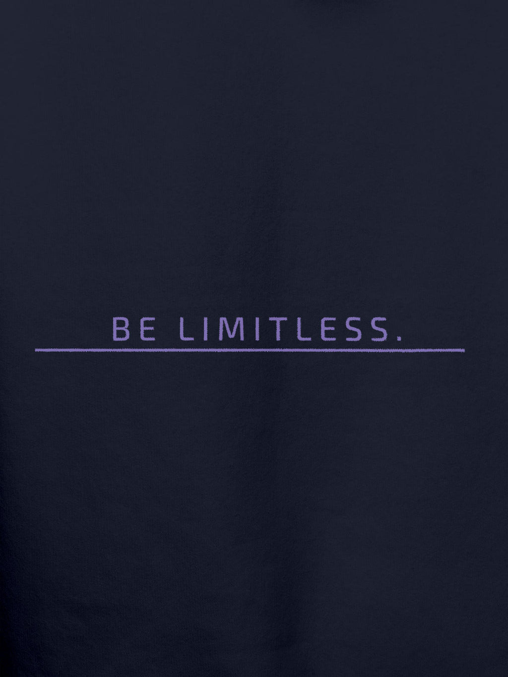 Close up of 'Be Limitless' design on Women's Navy Blue Hoodie Sweatshirt, highlighting intricate details and vibrant print.
