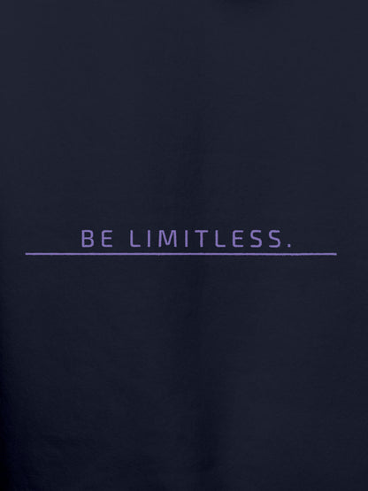Close up of 'Be Limitless' design on Women's Navy Blue Hoodie Sweatshirt, highlighting intricate details and vibrant print.