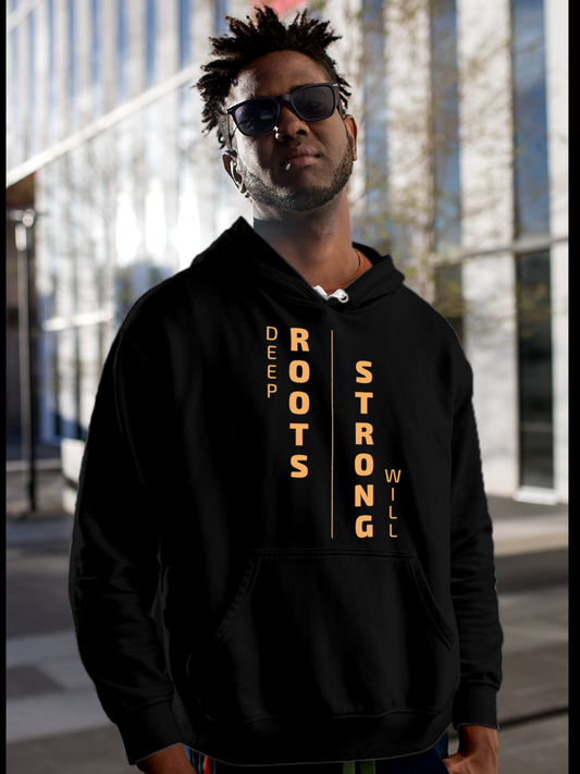 Fighterhero Hoodie Collection: Model wearing Men's Black Hoodie Sweatshirt with 'Deep Roots Strong Will' design