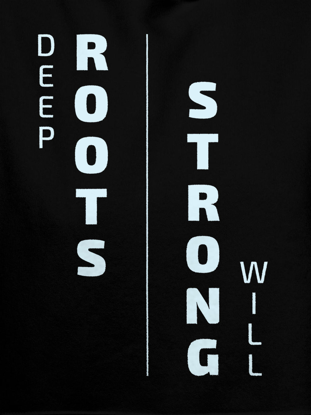 Close up of 'Deep Roots Strong Will' design on Women's Black Hoodie Sweatshirt, highlighting intricate details and vibrant print.