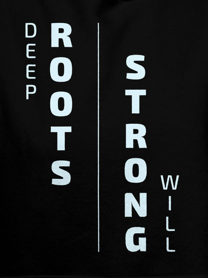 Close up of 'Deep Roots Strong Will' design on Women's Black Hoodie Sweatshirt, highlighting intricate details and vibrant print.