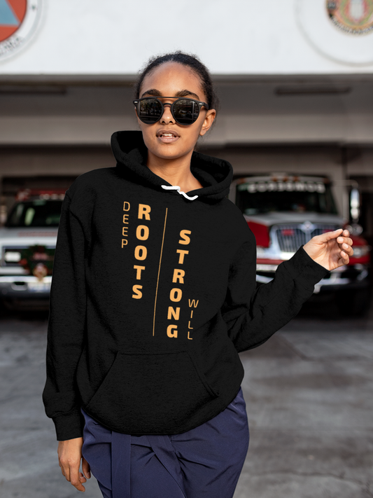 Fighterhero Hoodie Collection: Model wearing Women's Black Hoodie Sweatshirt with 'Deep Roots Strong Will' design