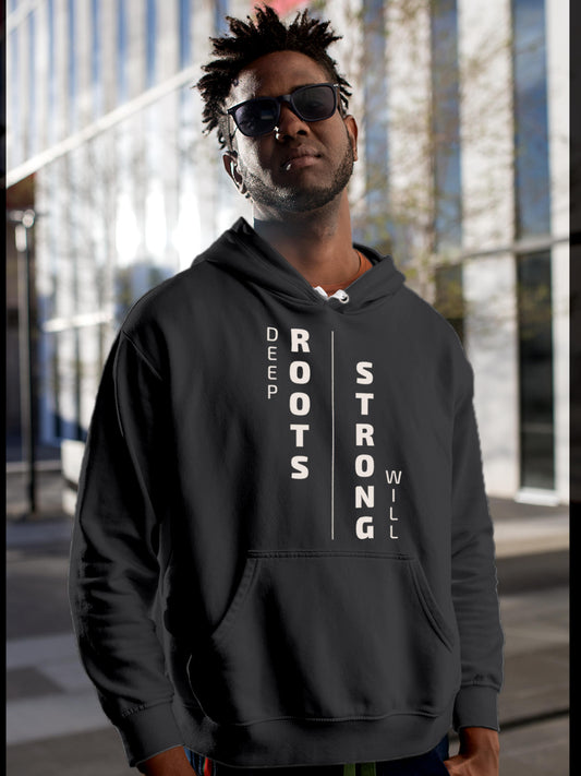 Model wearing Men's Dark Grey Hoodie Sweatshirt with 'Deep Roots Strong Will' design, offering effortless style and premium comfort
