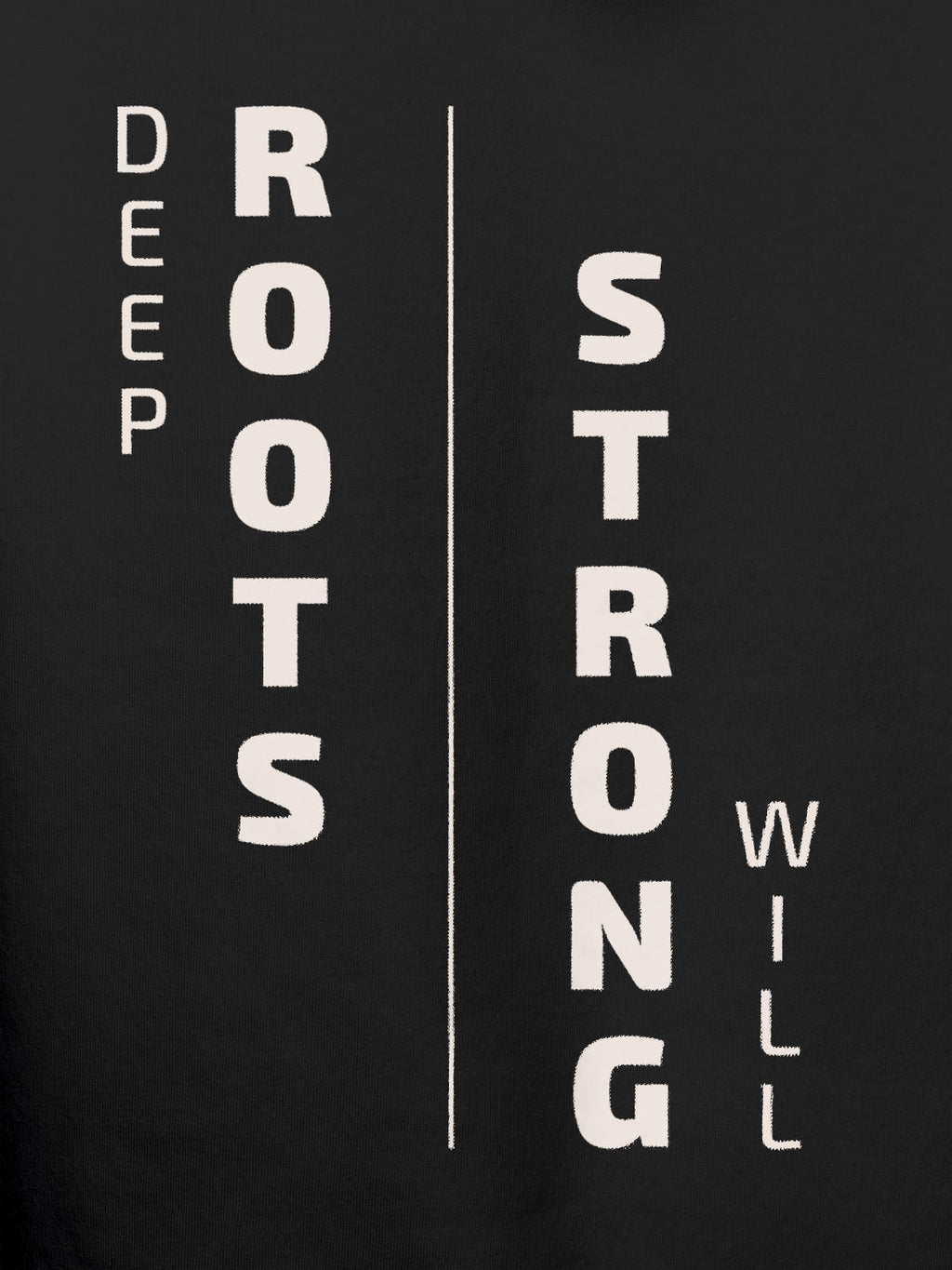 Close up of 'Deep Roots Strong Will' design on Men's Dark Grey Hoodie Sweatshirt, highlighting intricate details and vibrant print.
