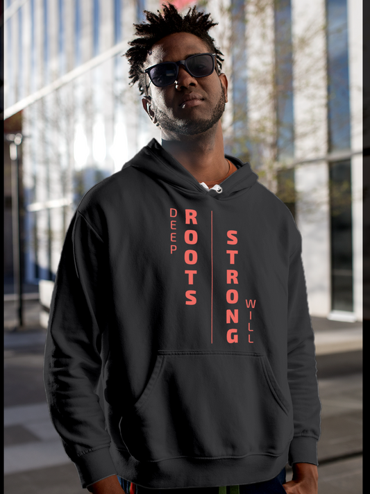 Fighterhero Hoodie Collection: Model wearing Men's Charcoal Grey Hoodie Sweatshirt with 'Deep Roots Strong Will' design