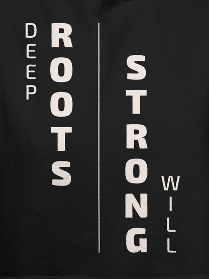 Close up of 'Deep Roots Strong Will' design on Women's Dark Grey Hoodie Sweatshirt, highlighting intricate details and vibrant print.