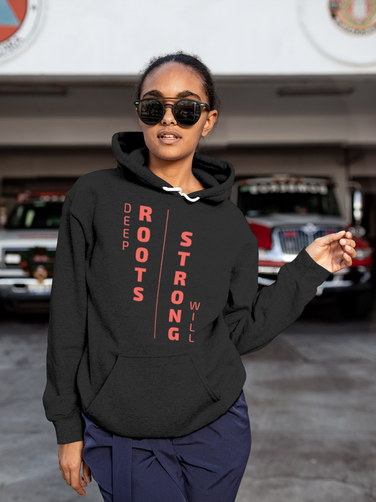 Fighterhero Hoodie Collection: Model wearing Women's Charcoal Grey Hoodie Sweatshirt with 'Deep Roots Strong Will' design