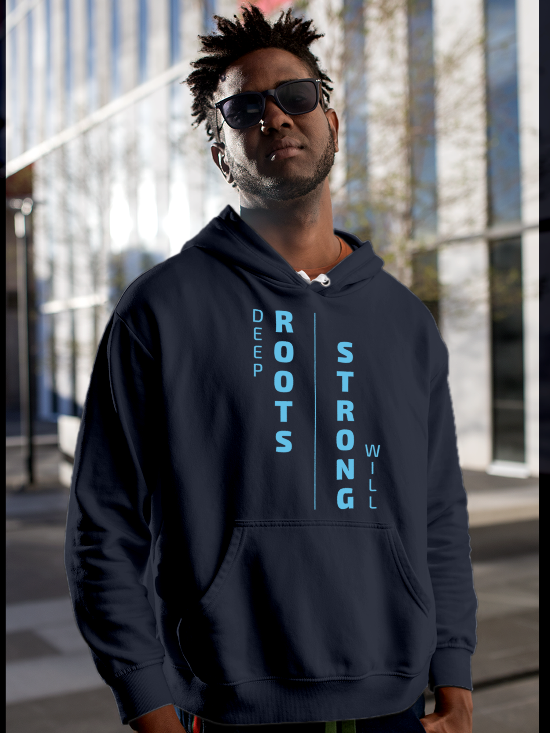 Fighterhero Hoodie Collection: Model wearing Men's Navy Blue Hoodie Sweatshirt with 'Deep Roots Strong Will' design