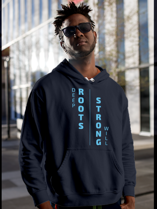 Fighterhero Hoodie Collection: Model wearing Men's Navy Blue Hoodie Sweatshirt with 'Deep Roots Strong Will' design