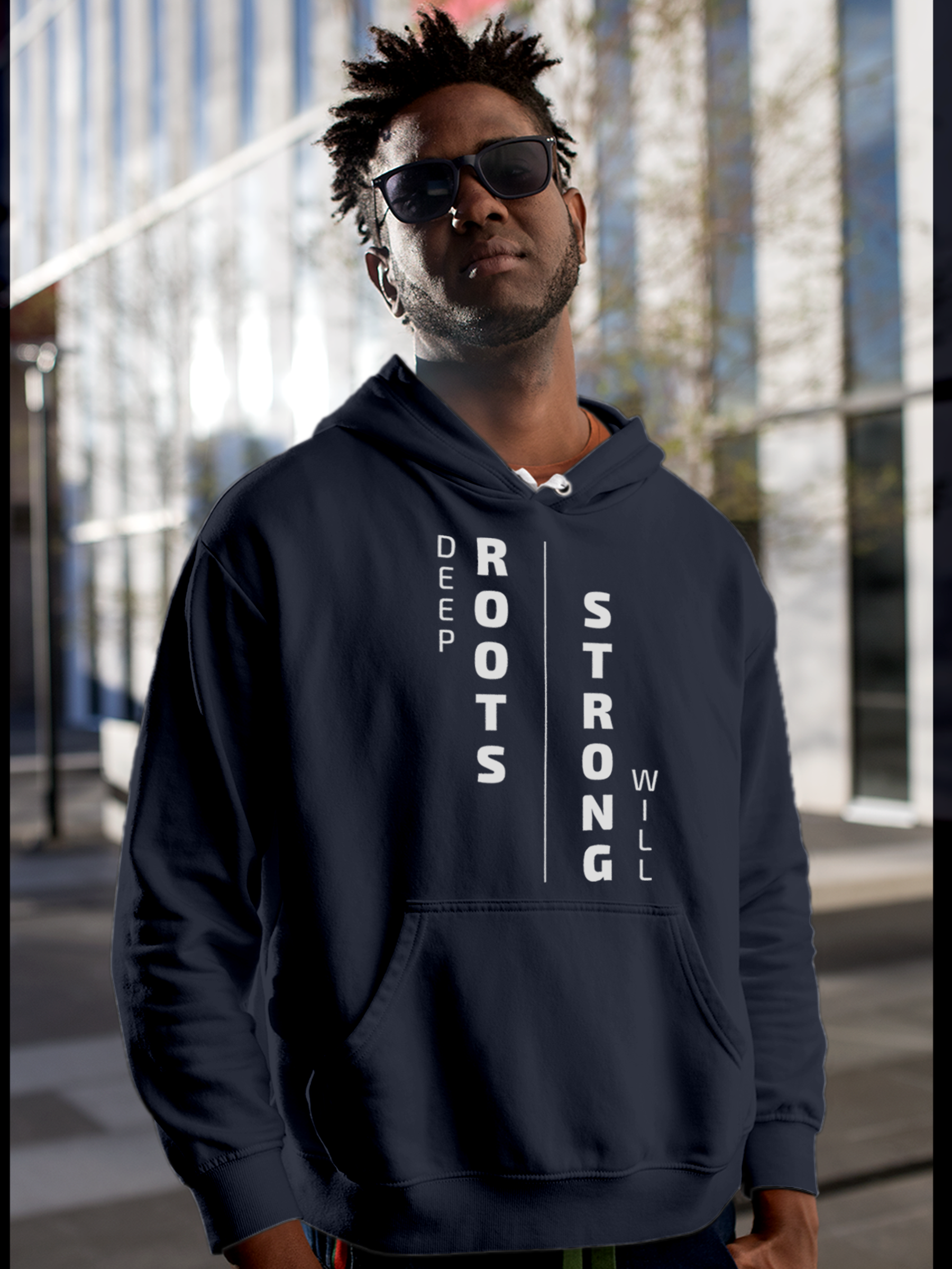 Model wearing Men's Navy Blue Hoodie Sweatshirt with 'Deep Roots Strong Will' design, offering effortless style and premium comfort