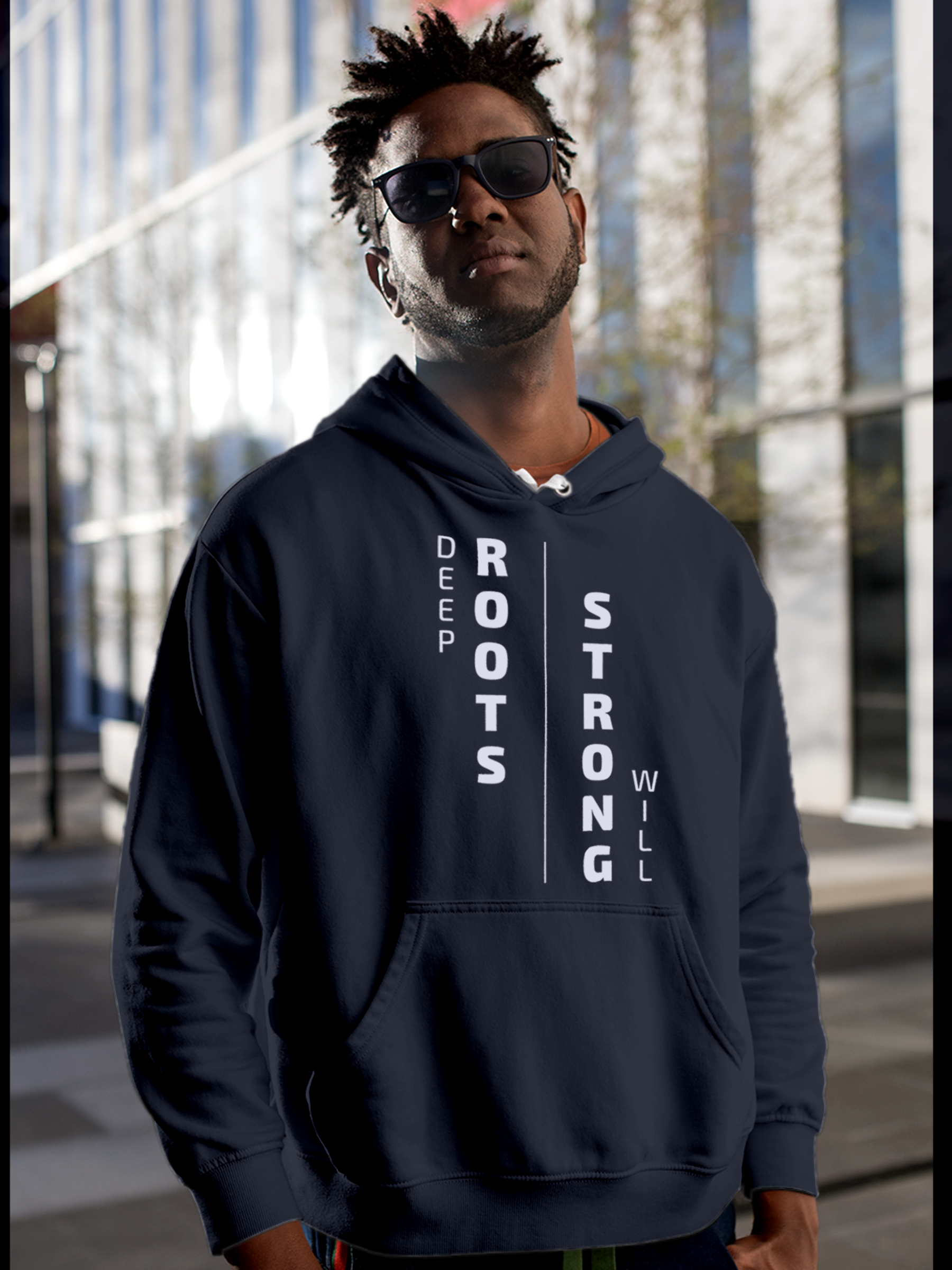 Model wearing Men's Navy Blue Hoodie Sweatshirt with 'Deep Roots Strong Will' design, offering effortless style and premium comfort