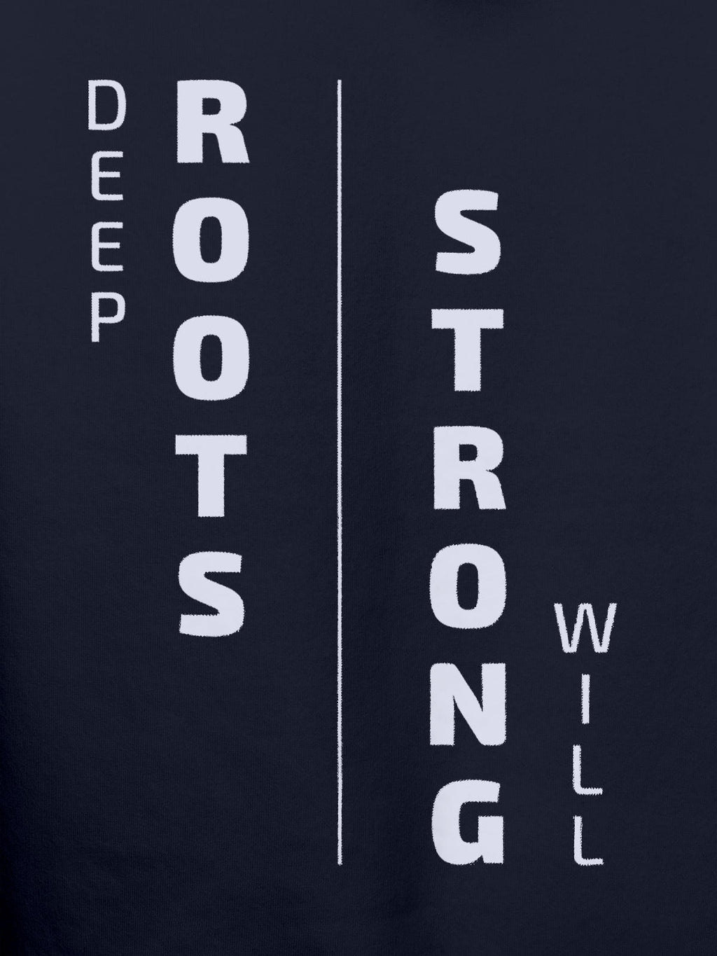 Close up of 'Deep Roots Strong Will' design on Men's Navy Blue Hoodie Sweatshirt, highlighting intricate details and vibrant print.