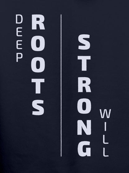 Close up of 'Deep Roots Strong Will' design on Men's Navy Blue Hoodie Sweatshirt, highlighting intricate details and vibrant print.