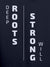 Close up of 'Deep Roots Strong Will' design on Men's Navy Blue Hoodie Sweatshirt, highlighting intricate details and vibrant print.