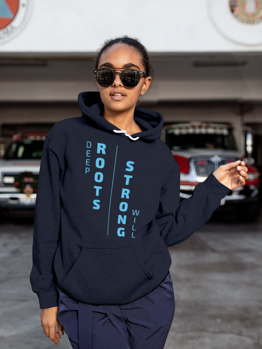 Fighterhero Hoodie Collection: Model wearing Women's Navy Blue Hoodie Sweatshirt with 'Deep Roots Strong Will' design