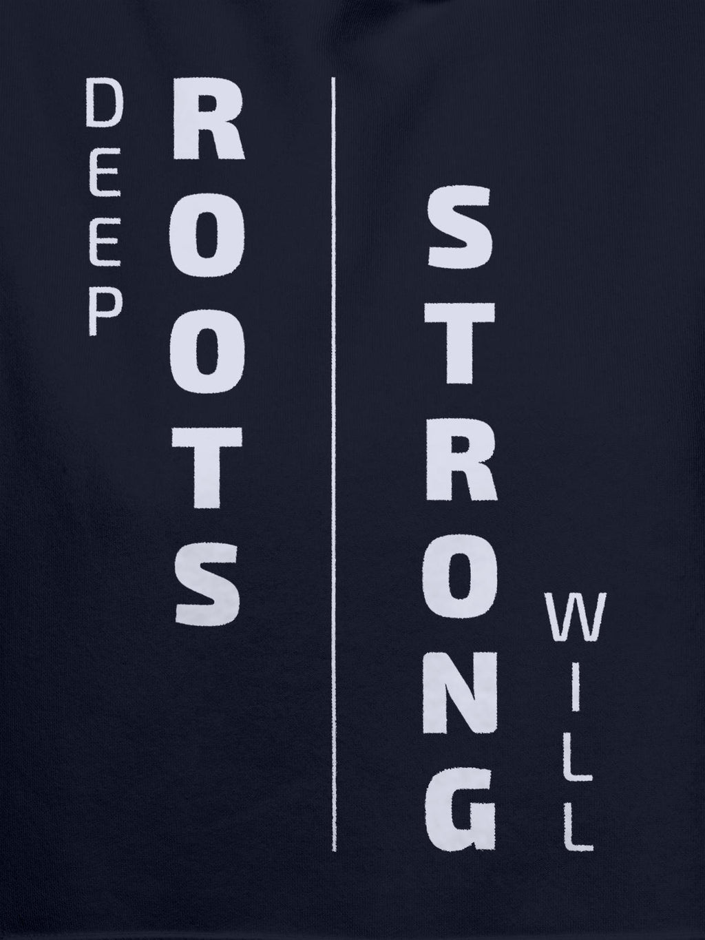 Close up of 'Deep Roots Strong Will' design on Women's Navy Blue Hoodie Sweatshirt, highlighting intricate details and vibrant print.