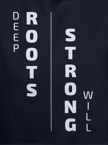 Close up of 'Deep Roots Strong Will' design on Women's Navy Blue Hoodie Sweatshirt, highlighting intricate details and vibrant print.