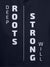 Close up of 'Deep Roots Strong Will' design on Women's Navy Blue Hoodie Sweatshirt, highlighting intricate details and vibrant print.