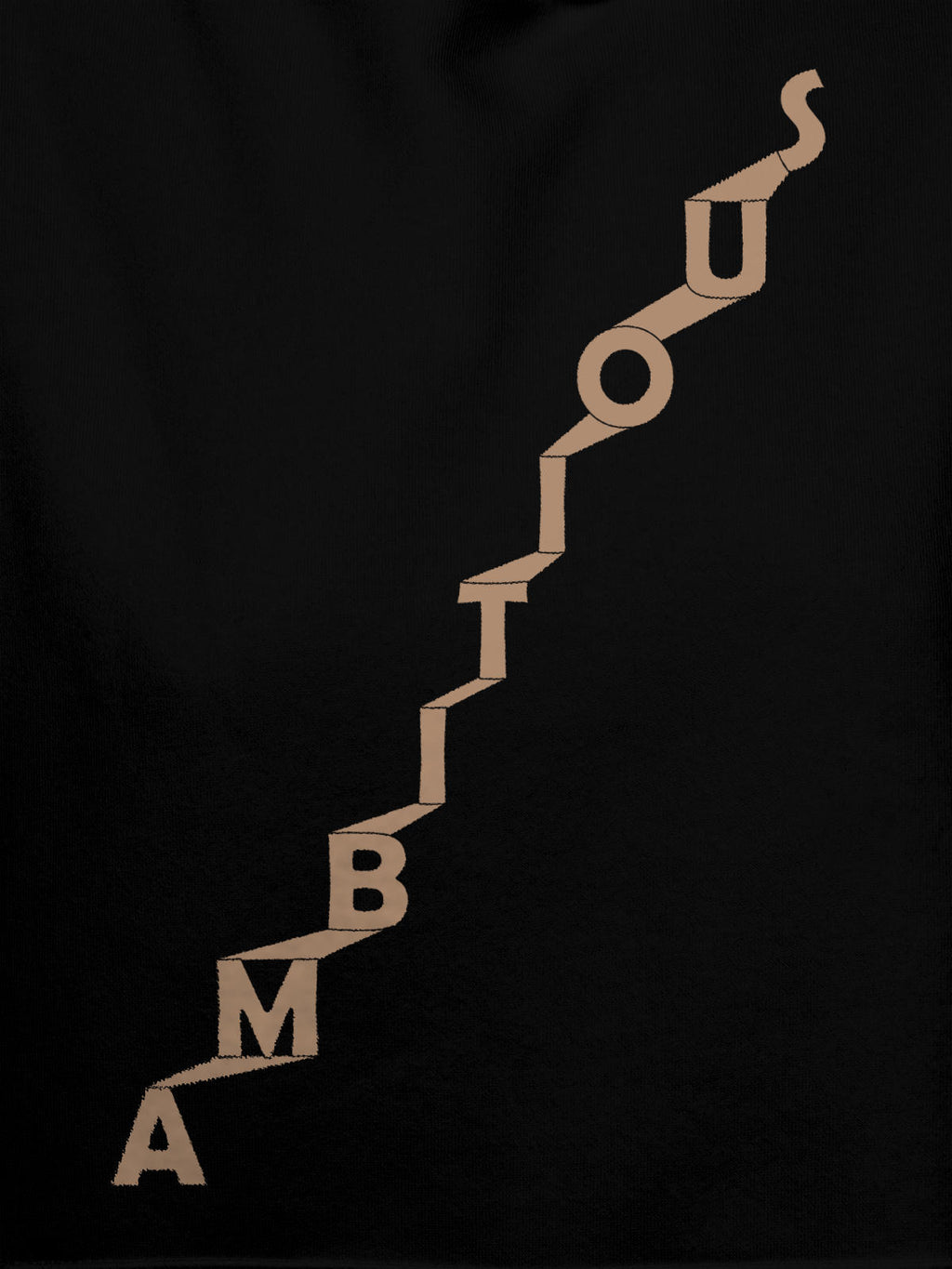 Close up of 'Ambitious' design on Men's Black Hoodie Sweatshirt, highlighting intricate details and vibrant print.