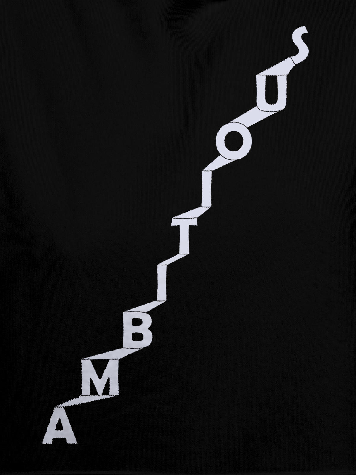 Close up of 'Ambitious' design on Men's Black Hoodie Sweatshirt, highlighting intricate details and vibrant print.