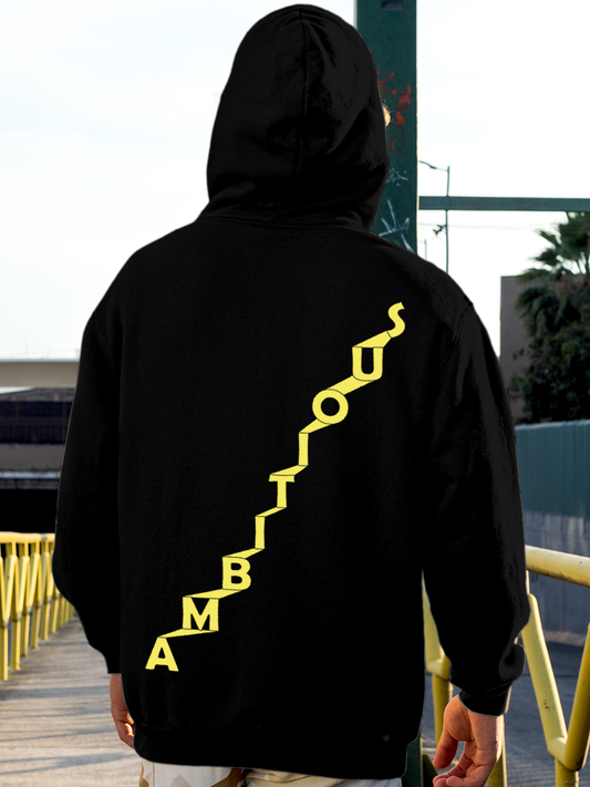 Fighterhero Hoodie Collection: Model wearing Men's Black Hoodie Sweatshirt with 'Ambitious' design