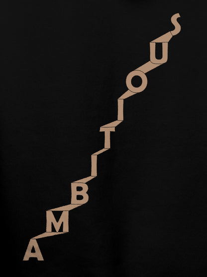 Close up of 'Ambitious' design on Women's Black Hoodie Sweatshirt, highlighting intricate details and vibrant print.
