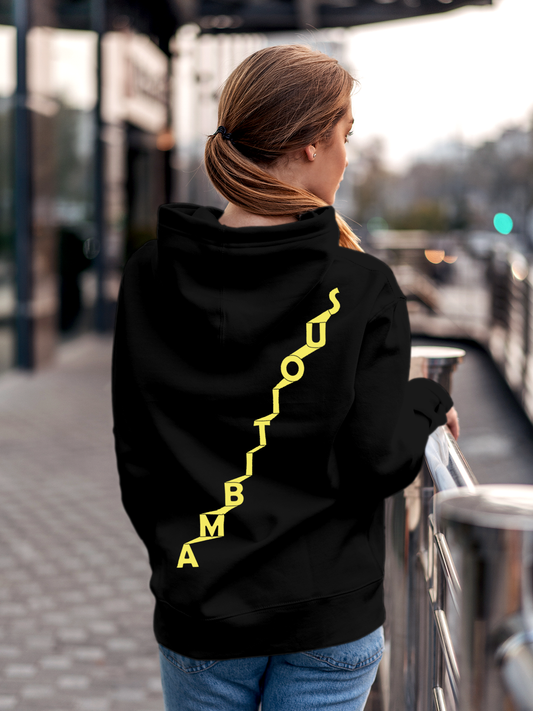 Fighterhero Hoodie Collection: Model wearing Women's Black Hoodie Sweatshirt with 'Ambitious' design
