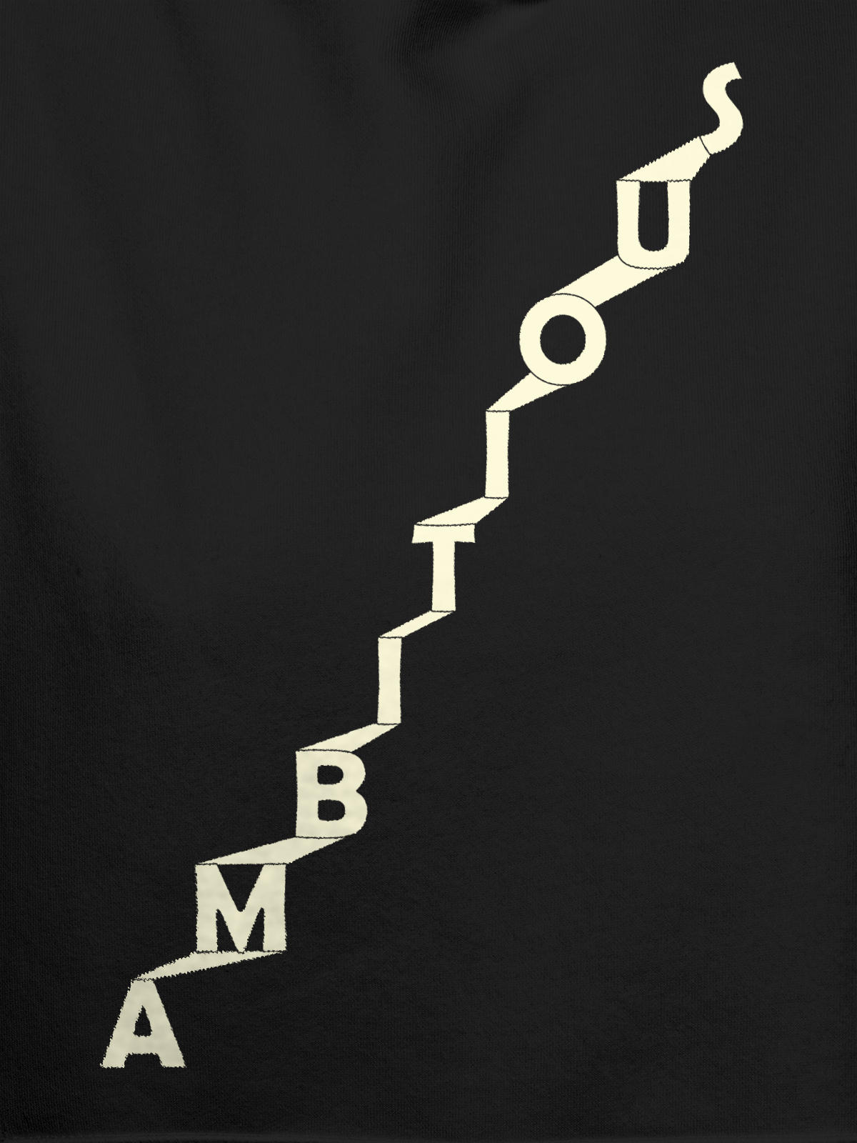 Close up of 'Ambitious' design on Men's Dark Grey Hoodie Sweatshirt, highlighting intricate details and vibrant print.