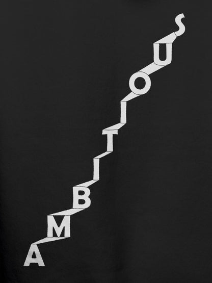 Close up of 'Ambitious' design on Women's Dark Grey Hoodie Sweatshirt, highlighting intricate details and vibrant print.