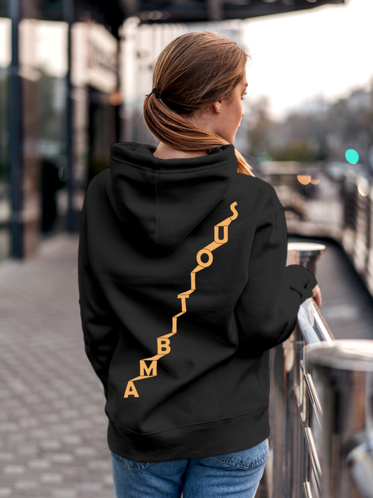 Fighterhero Hoodie Collection: Model wearing Women's Charcoal Grey Hoodie Sweatshirt with 'Ambitious' design