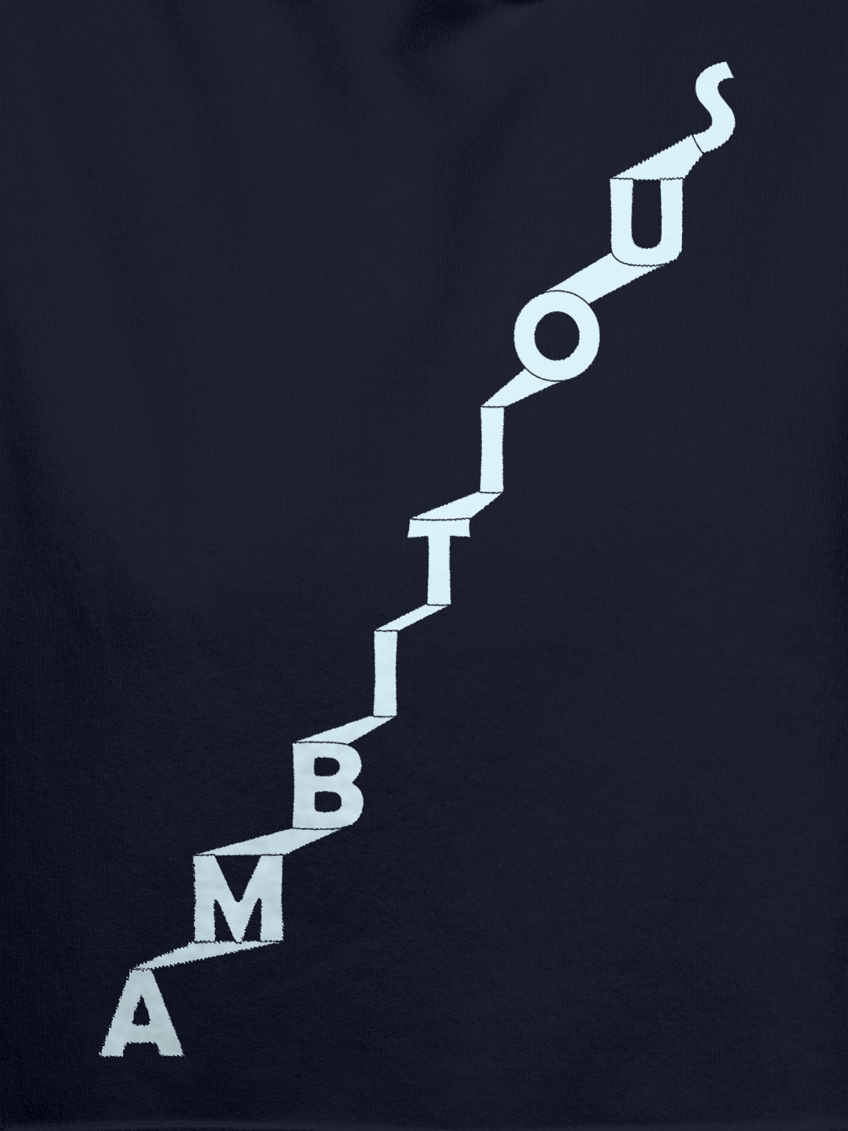 Close up of 'Ambitious' design on Men's Navy Blue Hoodie Sweatshirt, highlighting intricate details and vibrant print.