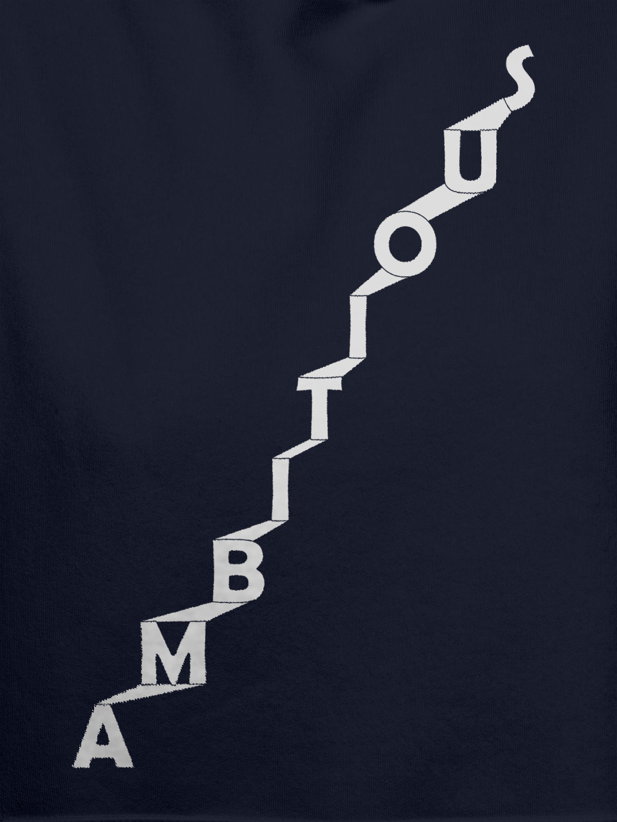 Close up of 'Ambitious' design on Men's Navy Blue Hoodie Sweatshirt, highlighting intricate details and vibrant print.