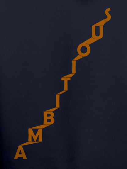Close up of 'Ambitious' design on Women's Navy Blue Hoodie Sweatshirt, highlighting intricate details and vibrant print.