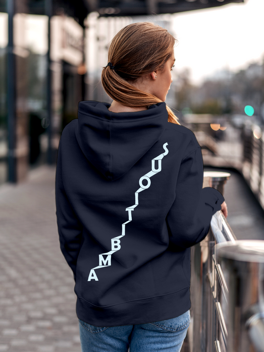 Fighterhero Hoodie Collection: Model wearing Women's Navy Blue Hoodie Sweatshirt with 'Ambitious' design