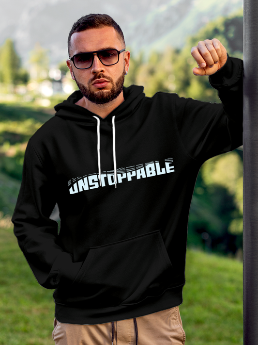 Fighterhero Hoodie Collection: Model wearing Men's Black Hoodie Sweatshirt with 'Unstoppable' design