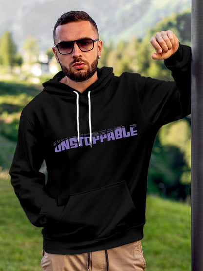 Model wearing Men's Black Hoodie Sweatshirt with 'Unstoppable' design, offering effortless style and premium comfort
