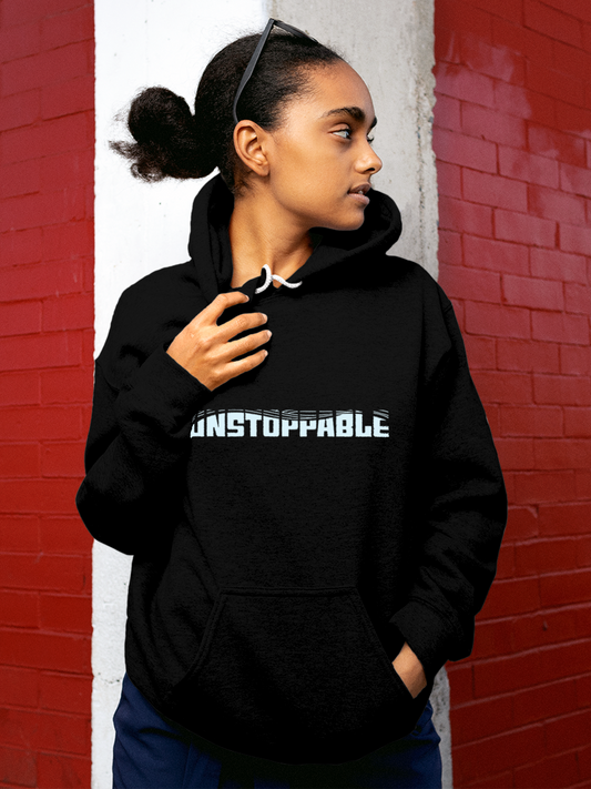 Fighterhero Hoodie Collection: Model wearing Women's Black Hoodie Sweatshirt with 'Unstoppable' design
