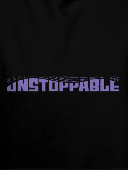 Close up of 'Unstoppable' design on Women's Black Hoodie Sweatshirt, highlighting intricate details and vibrant print.