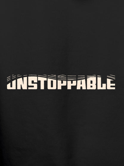 Close up of 'Unstoppable' design on Men's Dark Grey Hoodie Sweatshirt, highlighting intricate details and vibrant print.