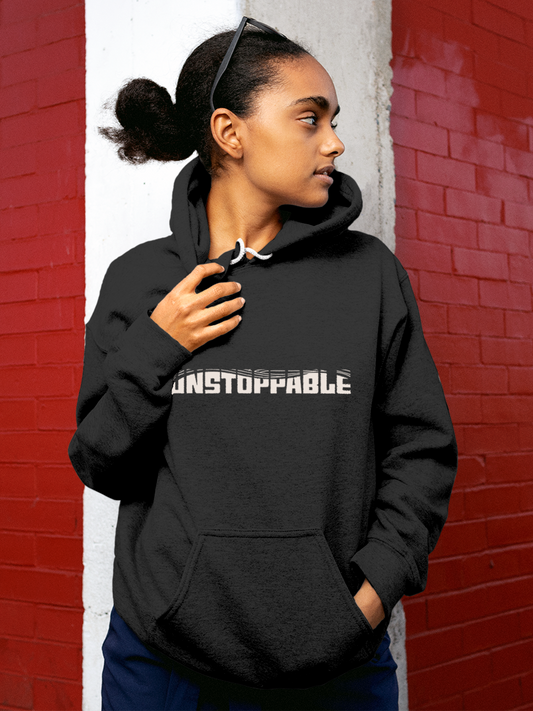 Fighterhero Hoodie Collection: Model wearing Women's Charcoal Grey Hoodie Sweatshirt with 'Unstoppable' design